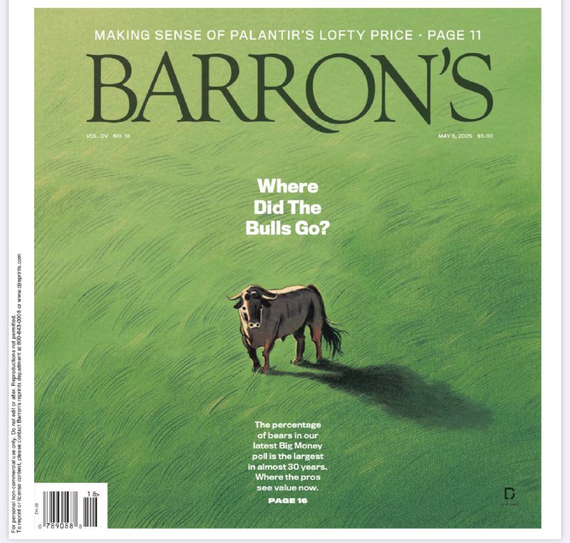 Barron's-5.5.2025⚠️32%的专业投资者看跌未来12个月股市，为近30年最高比例；仅26%看涨，降至历史低位；美国经济数据喜忧参半，一季度GDP按年率收缩0.3%，但实际国内最终销售增长3% 