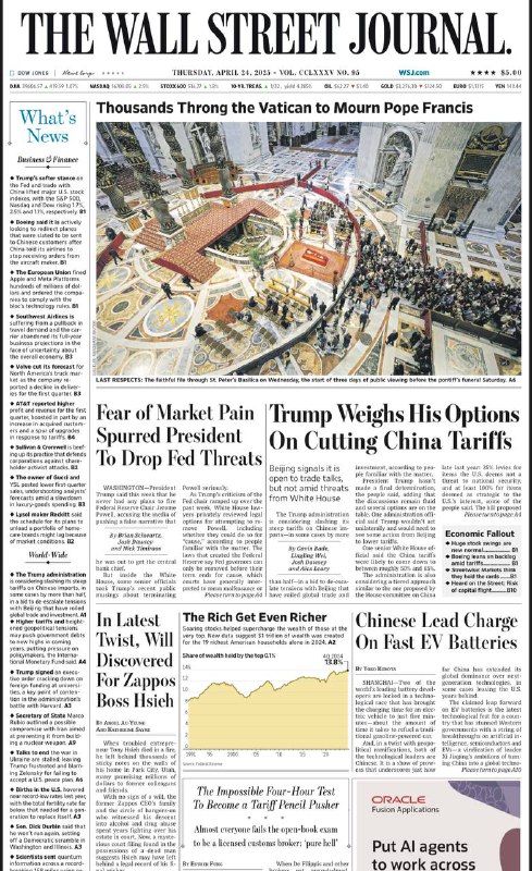 The Wall Street Journal-24.04.2025⚠️特朗普称无意解雇美联储主席鲍威尔，其政府考虑大幅削减对中国进口商品的关税，还签署行政命令整顿大学认证体系并打击外国对美国大学的资金投入；国际货币基金组织预计，未来几年高关税和地缘政治紧张局势将使政府债务升至新高....📌Download                 #华尔街日报