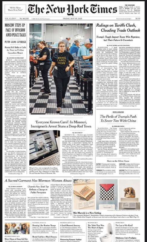 The New York Times-30.05.2025⚠️莫斯科在和平谈判期间加速对乌克兰的进攻，分析指出普京可能缺乏真正的和平意愿；加沙援助站点混乱持续，美国提出由以色列支持的60天停火计划；特朗普政府加大对华技术限制，命令芯片软件供应商停止向中国销售服务，同时加速取消中国学生签证，引发学术机构担忧....📌Download               #纽约时报