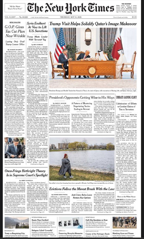 The New York Times-15.05.2025⚠️特朗普访问卡塔尔，助力其摆脱“支持恐怖主义”的指控，巩固国际声誉；德国禁止极右翼组织“帝国”并逮捕4名领导人；最高法院审理“出生公民权”理论案件... 📌Download                  #纽约时报