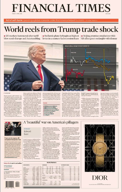 Financial Times-04.04.2025⚠️特朗普筑起贸易保护主义壁垒，对多国大幅加征关税；匈牙利宣布计划退出国际刑事法院；全球市场剧烈震荡，美国股市遭重挫，欧洲和亚洲市场随之下跌，美元汇率波动剧烈....📌Download                   #金融时报