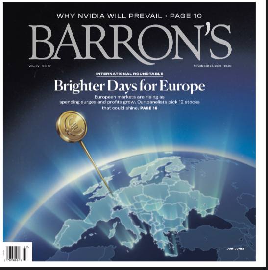 Barron's-24.11.2025⚠️当周道指下跌1.9%，标普500指数下跌2%，纳斯达克综合指数下跌2.7%，连续第三周下跌，主要受AI投资担忧、比特币暴跌及美联储政策不确定性影响；日本货币政策成关键变量，若日本央行收紧流动性，可能冲击全球债市.....📌Download              #巴伦周刊