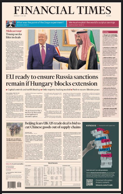 Financial Times-14.05.2025⚠️特朗普出访中东，推动沙特与美国在人工智能和武器供应方面达成协议；泽连斯基加大与普京谈判压力；印度和巴基斯坦在边境问题上保持和平，选择外交途径解决争端....📌Download              #金融时报