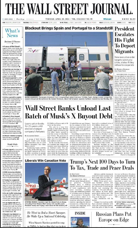 The Wall Street Journal-29.04.2025⚠️特朗普签署行政令打击庇护城市，加强移民管控，但面临法律挑战；加拿大自由党赢得选举；俄罗斯在北约边境地区加强军事部署，引发欧洲担忧；华尔街银行成功出售马斯克收购推特的剩余债务....📌Download                  #华尔街日报