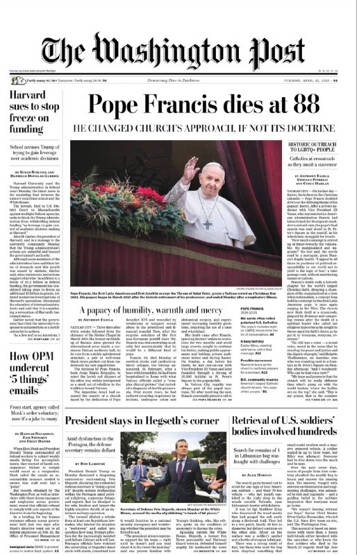 The Washington Post-22.04.2025⚠️哈佛起诉特朗普政府冻结其资金，指控政府试图干涉学术决策，违反多项法律；特朗普抨击美联储主席鲍威尔，导致股市下跌、美元贬值；DOGE相关人员在政府部门权力扩张，引发诸多争议；泰国建筑公司否认钢棒质量问题，该问题与曼谷高楼倒塌有关....📌Download                  #华盛顿邮报