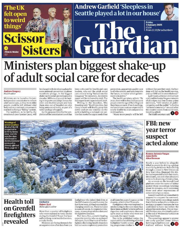 The Guardian-3.01.2025⚠️英政府成立委员会改革成人社会护理，英国房价连续四月上涨；Lidl 圣诞销售增长，利润回升；学者推动英国古典教育普及；以军空袭加沙致多人死亡，停火谈判陷僵局，韩检方欲逮捕尹锡悦...📌Download       #卫报