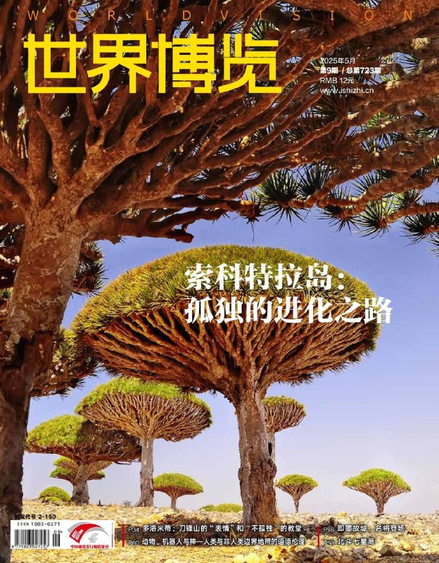 世界博览-第9期2025⚠️龙血树：岛上标志性植物，伞状树冠适应干旱气候，树脂可入药、制染料，与沙漠玫瑰形成共生关系，现因过度采集和畜牧业面临幼苗短缺危机；白云岩山体因冰川侵蚀形成刀刃状轮廓，清晨/傍晚因光线折射呈现玫瑰金色，被选为Emoji山峰原型.....📌Download               #世界博览