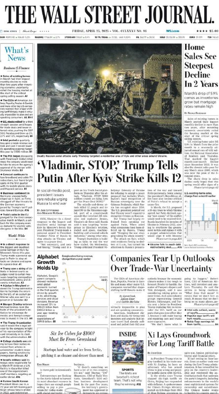 The Wall Street Journal-25.04.2025⚠️特朗普呼吁普京停止对乌克兰的攻击并达成和平协议，但俄乌双方在和谈条件上存在分歧；股票市场因贸易协议和利率下降的预期而上涨，科技股领涨；黄金市场因贸易战繁荣，格陵兰冰和水的开采业务兴起....📌Download                #华尔街日报