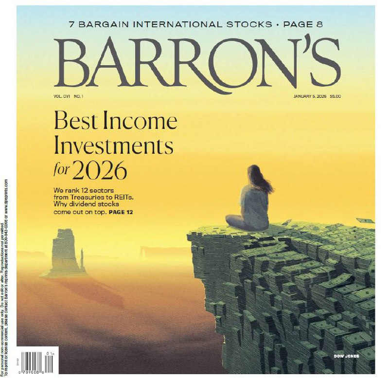 Barron's-05.01.2026⚠️ 2025年标普500指数上涨16%，但2026年面临中期选举、通胀隐忧等风险，预测整体呈震荡持平态势；大型科技股带动市场连续三年双位数上涨，但后续分化加剧，AI相关板块受电力供应等因素制约；2025年银价暴涨140%至每盎司70美元，创历史罕见表现，油价下跌近20%至每桶58美元；市场担忧银价存在泡沫，但部分专家认为全球货币体系不确定性将支撑其走势….📌Download             #巴伦周刊