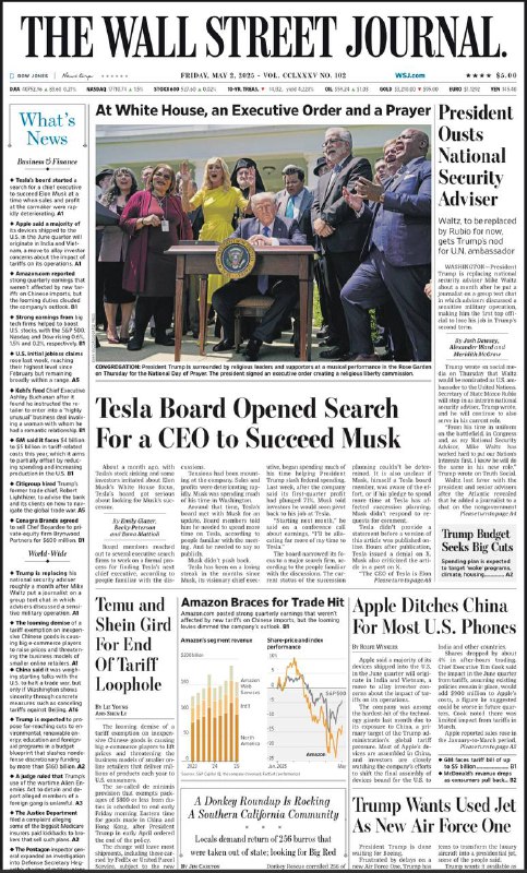 The Wall Street Journal-02.05.2025⚠️特朗普撤换国家安全顾问迈克·沃尔兹，提名其为驻联合国大使，国务卿马可·卢比奥暂代国安顾问一职；美国首季GDP环比降0.3%；特朗普关税政策影响全球贸易，多国经济受冲击，企业调整策略应对；中国考虑与美国开启贸易谈判，但要求美方取消关税；美股三大指数上涨，比特币价格逼近10万美元关口....📌Download                  #华尔街日报