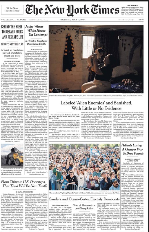 The New York Times-17.04.2025⚠️股市因鲍威尔对关税的担忧和科技股下跌而低迷；信用卡逾期费用上限取消；美联储主席制定应对通胀和经济增长放缓的计划；美中在芯片领域限制与反制，中国稀有稀土资源的全球影响及经济应对举措受关注.....📌Download                #纽约时报
