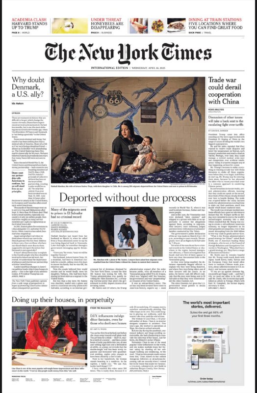 The New York Times-16.04.2025⚠️香港民主党解散，反对派声音被压制；特朗普针对古巴医疗援助项目；大量移民在萨尔瓦多未经正当程序被驱逐和监禁；美元贬值，其可靠性受挑战；贸易战影响中美合作；哈佛抵制特朗普在招聘和课程方面的要求；对富人征税不再是禁忌话题....📌Download                 #纽约时报