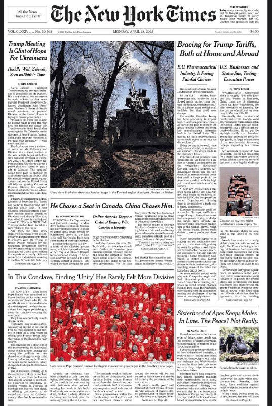 The New York Times-28.04.2025⚠️印度疑似主张对巴基斯坦进行军事打击；以色列轰炸贝鲁特郊区，违反与真主党的停火协议；加拿大候选人受中国关注；澳大利亚外国留学生吸引力下降；埃塞俄比亚咖啡产业面临欧盟对其咖啡豆与森林砍伐关联的审查；韩国大米在日本逐渐受到欢迎....📌Download               #纽约时报