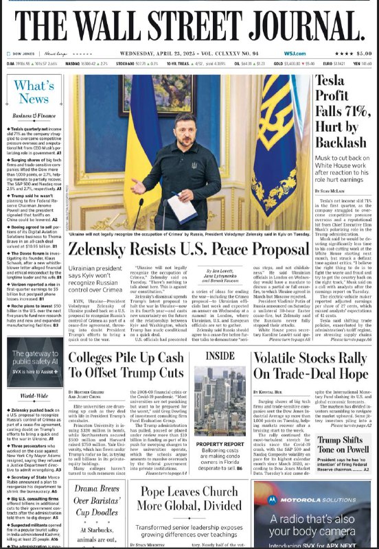 The Wall Street Journal-23.04.2025⚠️特朗普表明无意解雇美联储主席鲍威尔，暗示可能降低对华关税；美国国务院计划裁员并关闭部分办公室；副总统万斯访问印度，推动美印贸易发展；受贸易谈判乐观预期影响，股市大幅反弹，同时债券、外汇、大宗商品市场也有相应波动，市场不确定性仍较高....📌Download                   #华尔街日报