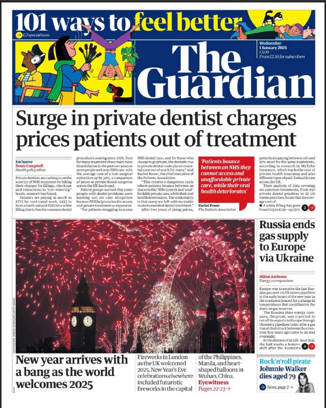 The Guardian-1.01.2025⚠️健康医疗，英国私人牙科费用飙升，患者面临治疗困境；社会民生，住房危机下，英国议会面临修复难题，费用和方案待决；法律与犯罪，体育赛事方面，韩国飞机失事引发对机场安全关注，世界各地有新年庆祝活动，英国邮政 Horizon 丑闻赔偿问题受关注，议员呼吁改变处理方式...📌Download                      #卫报
