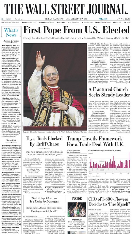 The Wall Street Journal-09.05.2025⚠️天主教会选举首位美国籍教皇利奥十四世；特朗普政府与英国达成贸易协议框架，涉及关税调整等内容；印度称拦截巴基斯坦导弹和无人机，英国警方挫败伊朗针对以色列大使馆的恐怖阴谋；比尔·盖茨计划加速慈善捐赠，未来20年投入超2000亿美元....📌Download                #华尔街日报