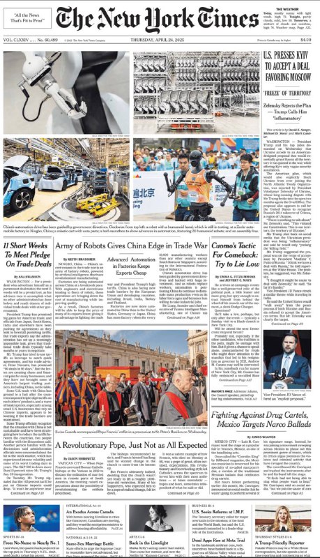 The New York Times-24.04.2025⚠️美国与中国贸易谈判紧迫，中国机器人产业发展在贸易战中获得优势；哥斯达黎加允许被美国驱逐的移民选择留下或继续前行；约旦对穆斯林兄弟会进行镇压；哈佛运用法律策略应对特朗普政府对其外国资金审查...📌Download                       #纽约时报