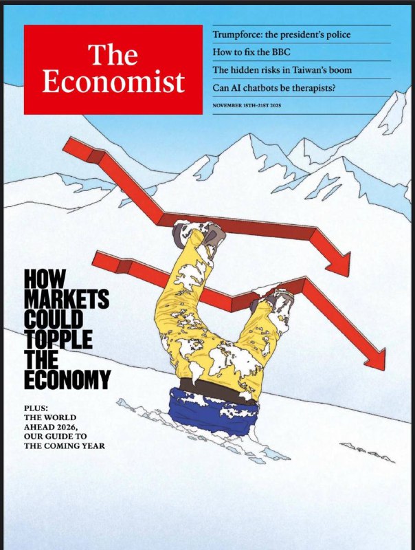 The Economist-15.11.2025⚠️AI热潮推高美国科技股估值，标普500周期调整市盈率达互联网泡沫时期水平；若泡沫破裂，虽引发金融危机概率低，但可能通过打击美国家庭财富拖累消费，进而诱发全球衰退；美国史上最长政府停摆结束，民主党7名参议员倒戈支持共和党短期拨款法案，但医保税收抵免延期等核心诉求未解决；辉瑞以100亿美元收购肥胖治疗生物科技公司Metsera，减肥药市场竞争白热化....📌Download                #经济学人
