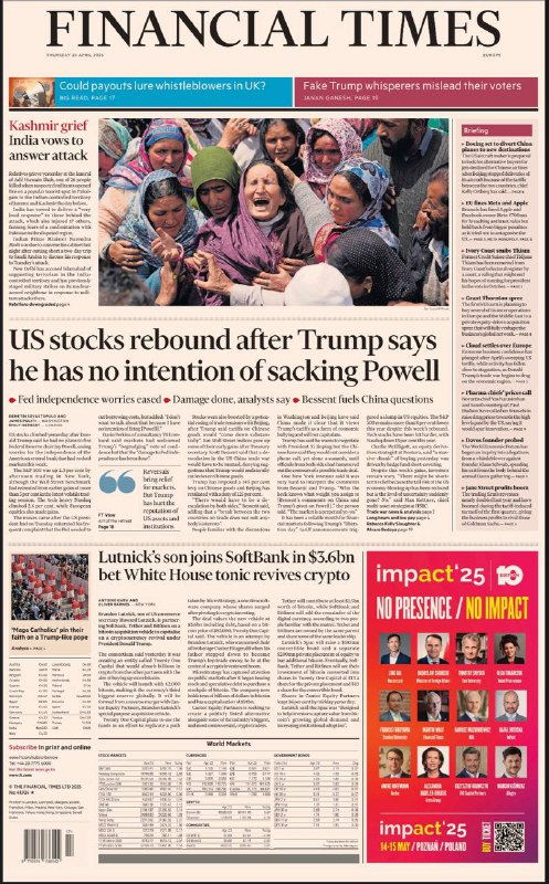 Financial Times-24.04.2025⚠️特朗普与泽连斯基就克里米亚问题产生冲突；美国五角大楼因泄密和人事变动陷入混乱，引发国防部长辞职呼声；印度因克什米尔地区26名游客被杀，与巴基斯坦关系降级，暂停水条约并限制旅行；哥伦比亚前部长称现任总统为瘾君子；科特迪瓦反对派领导人被禁止参加总统竞选....📌Download                 #金融时报