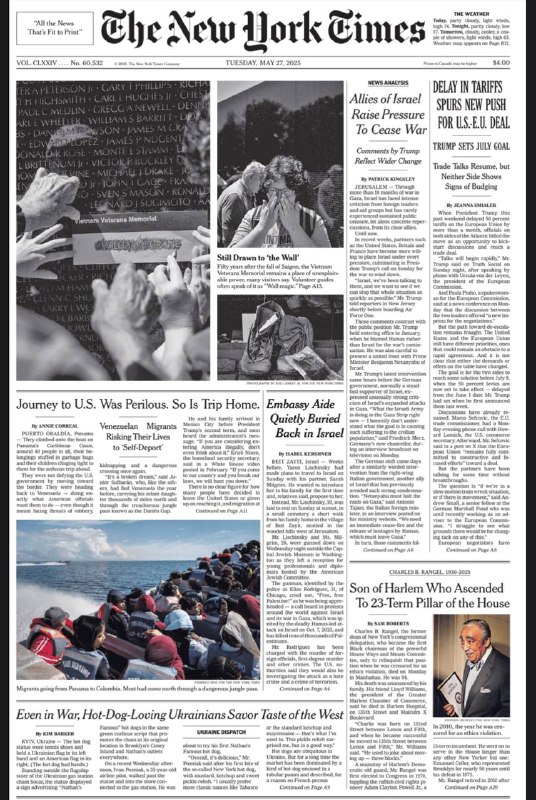 The New York Times-27.05.2025⚠️以色列盟友施压结束加沙战争，新成立的加沙援助项目负责人因缺乏自主权辞职；韩国总统选举临近，但女性选民对候选人不满；委内瑞拉政府宣布在反对党抵制的选举中获胜；大众汽车四名前高管因“排放门”共谋隐瞒排放数据被判有罪.....📌Download               #纽约时报