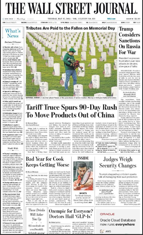The Wall Street Journal-27.05.2025⚠️特朗普考虑对俄罗斯实施新制裁，因其对乌克兰战争进展不满；德国总理默茨支持乌克兰对俄发动远程导弹打击，美、德、法、英不再对乌使用西方提供武器设射程限制；欧盟指控中国电商平台Shein违反消费者保护规则，涉及虚假折扣、误导性标签等....📌Download                #华尔街日报