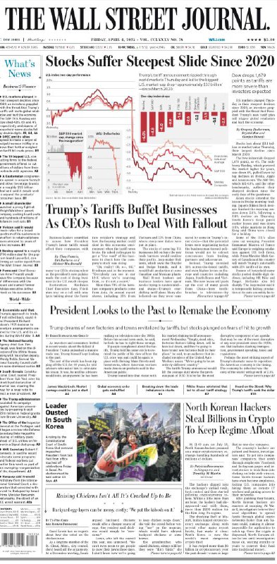 The Wall Street Journal-04.04.2025⚠️韩国总统尹锡悦因宣布戒严被弹劾下台 ；美国国家安全局局长等多名官员被解雇，五角大楼对国防部长在也门军事行动信息共享一事展开审查；特朗普关税政策致使全球股市下跌，美国股市遭遇2020年以来最大单日跌幅，众多企业市值受损....📌Download                 #华尔街日报
