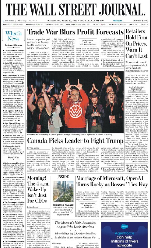 The Wall Street Journal-30.04.2025⚠️加拿大总理大选，马克·卡尼获胜，承诺带领加拿大应对特朗普贸易政策挑战；哈佛发布校园反犹太主义和反穆斯林偏见报告，与特朗普政府的矛盾升级；俄乌冲突持续，俄罗斯春季攻势展开，乌克兰局势紧张；中国经济受美国关税冲击，出口订单和制造业活动下滑；法国指责俄罗斯进行黑客攻击，加剧两国紧张关系....📌Download                  #华尔街日报