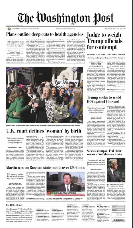 The Washington Post-17.04.2025⚠️特朗普政府多项举措引发争议，如大幅削减联邦卫生项目预算，调整卫生与公众服务部架构；要求国税局撤销哈佛免税资格；在移民驱逐问题上违抗法院命令，被法官追究藐视法庭责任....📌Download                #华盛顿邮报