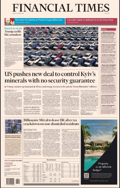 Financial Times-28.03.2025⚠️美国推动新协议控制乌克兰矿产，乌官员担忧主权和利润；欧洲计划一个月内确定在乌驻军计划，法英牵头但部分国家不愿出兵；以色列议会支持内塔尼亚胡司法改革，引发争议...📌Download              #金融时报