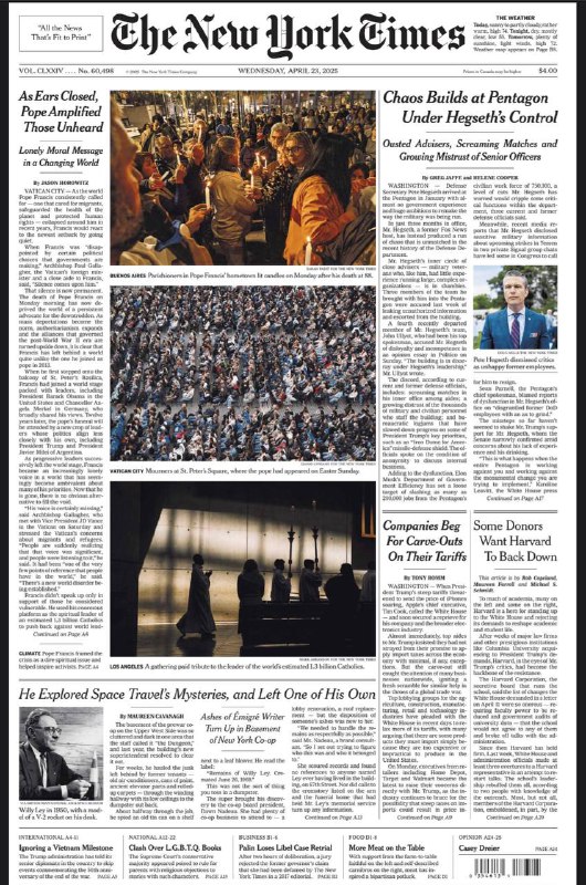 The New York Times-23.04.2025⚠️该内容整合了多方消息，主要围绕教皇方济各去世和美国政治动态两大热点事件展开，涵盖人物生平、各方反应、政治举措以及社会影响等多方面信息....📌Download                 #纽约时报