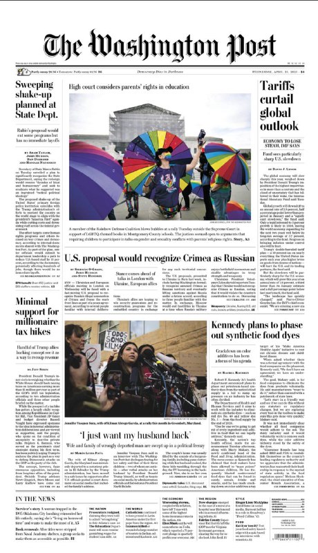 The Washington Post-23.04.2025⚠️国务卿鲁比奥计划重组国务院，削减部分项目；最高法院考虑父母在教育方面的宗教权利；3名联邦检察官因纽约市长亚当斯腐败案辞职；特朗普政府权衡对百万富翁增税；教育部门将恢复对拖欠学生贷款者的债务催收；环保署计划解雇或重新分配450名负责环境正义和多元、公平与包容的员工....📌Download                  #华盛顿邮报