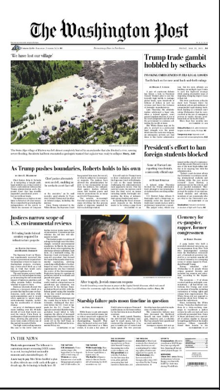 The Washington Post-30.05.2025⚠️美国3月GDP修正后确认萎缩0.2%，消费和企业投资疲软，反映关税对经济的潜在冲击；哈佛大学获法院临时禁令，暂时保留招收国际学生的资格；奥地利计划对互联网巨头征收10%数字税，效仿其在线广告服务税模式....📌Download                #华盛顿邮报