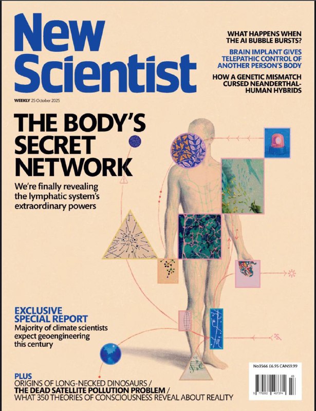 New Scientist-25.10.2025⚠️淋巴系统长期被忽视，如今被证实与痴呆、癌症等疾病治疗密切相关，其核心功能包括免疫调节和废物代谢；68%的气候科学家认为，因减排失败，本世纪大概率会启动太阳地球工程；全球现有超1.5万颗卫星，每年约900吨残骸在大气层燃烧，释放铝氧化物、煤烟等污染物，可能破坏臭氧层、影响气候.....📌Download            #新科学家