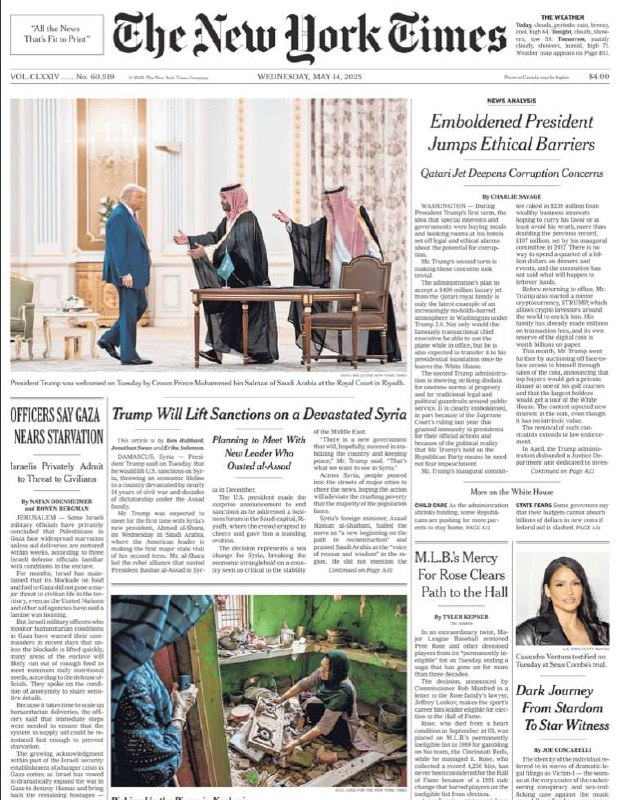 The New York Times-14.05.2025⚠️特朗普拟解除对叙利亚制裁，与叙新领导人会面；泽连斯基邀特朗普参与乌和平谈判；沙特以高规格接待特朗普，白宫宣称达成6000亿美元协议但实际金额存疑...📌Download                  #纽约时报